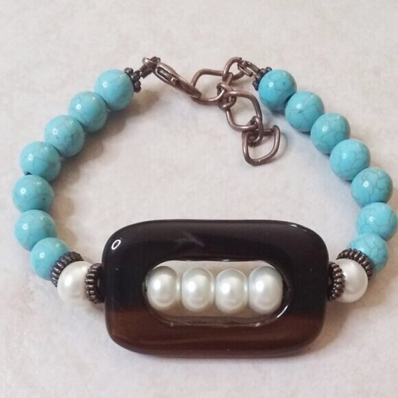 Classy! Chic! Upscale Bougie Boho! Beaded Mixed Stone + Faux Pearl Bracelet 7-8" - Picture 4 of 8
